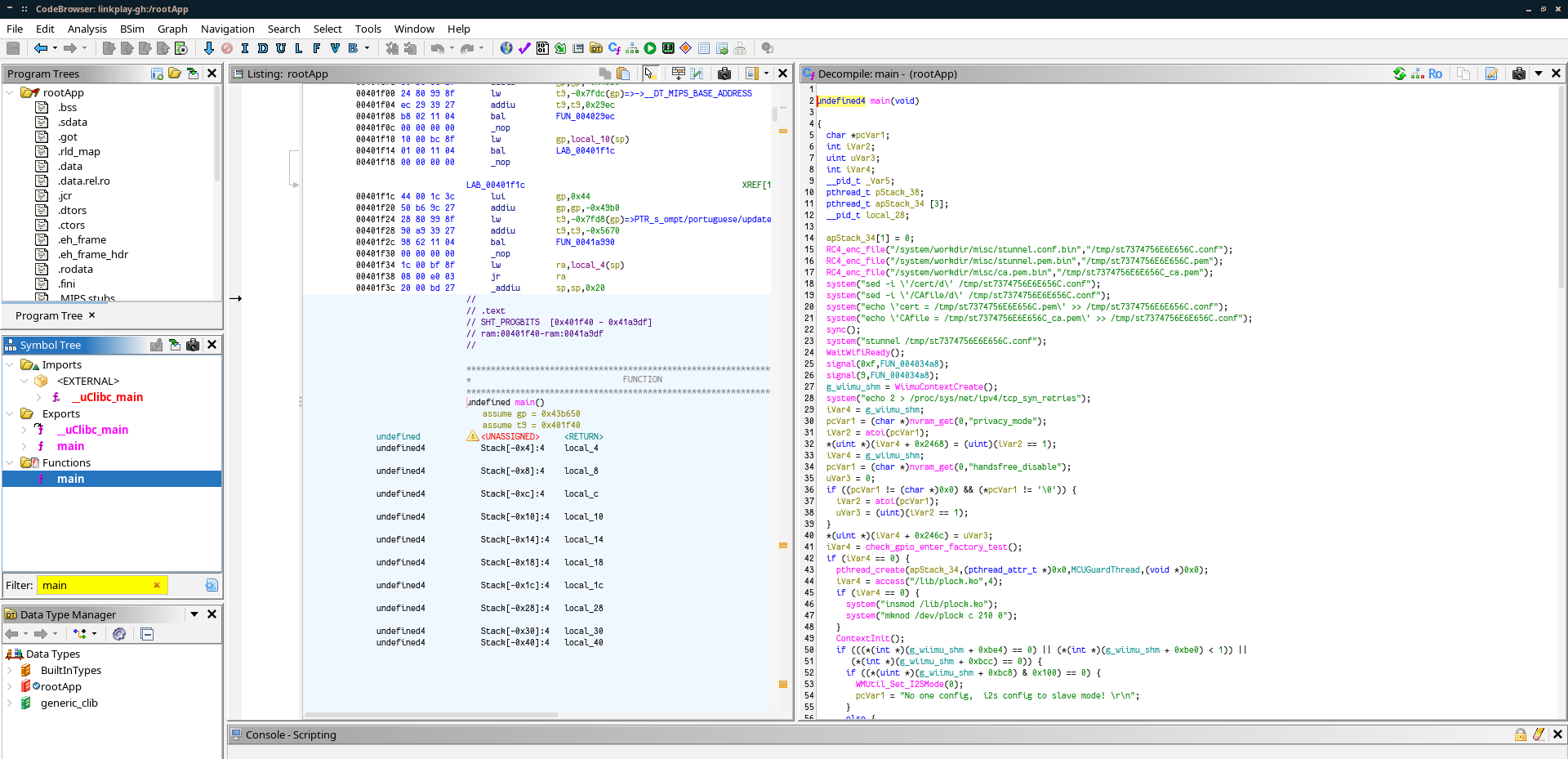Screenshot of Ghidra with the decompiled code of rootApp